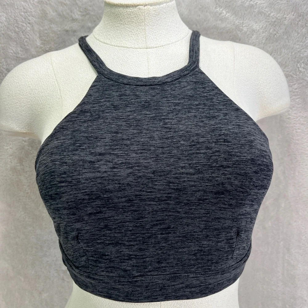 Alo‎ Yoga Heathered Charcoal High Neck Racerback Sports Bra Crop Top Keyhole S